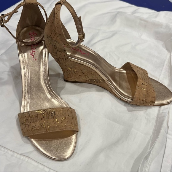 Lilly Pulitzer size 10 Bridgette Wedge cork gold ankle strap sandals dress shoe - Picture 2 of 16